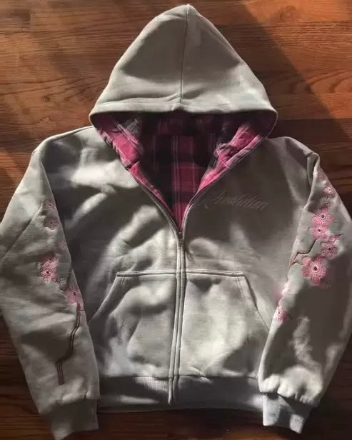 Embroidered cherry reversible hoodie