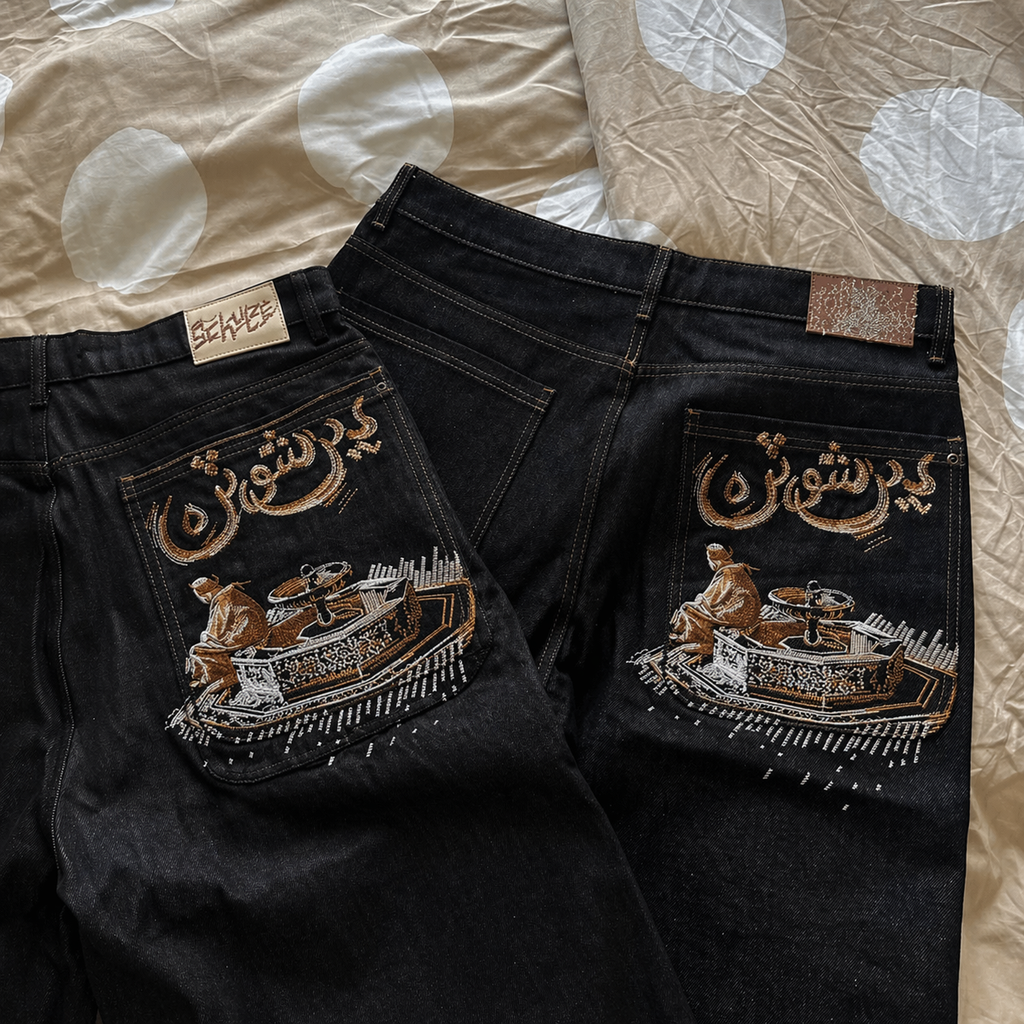 Derschutze Arabic calligraphy jorts